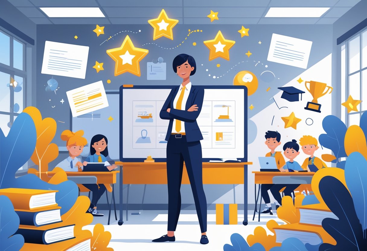 A teacher standing confidently in a classroom with students learning and symbols of achievements like stars and trophies around.