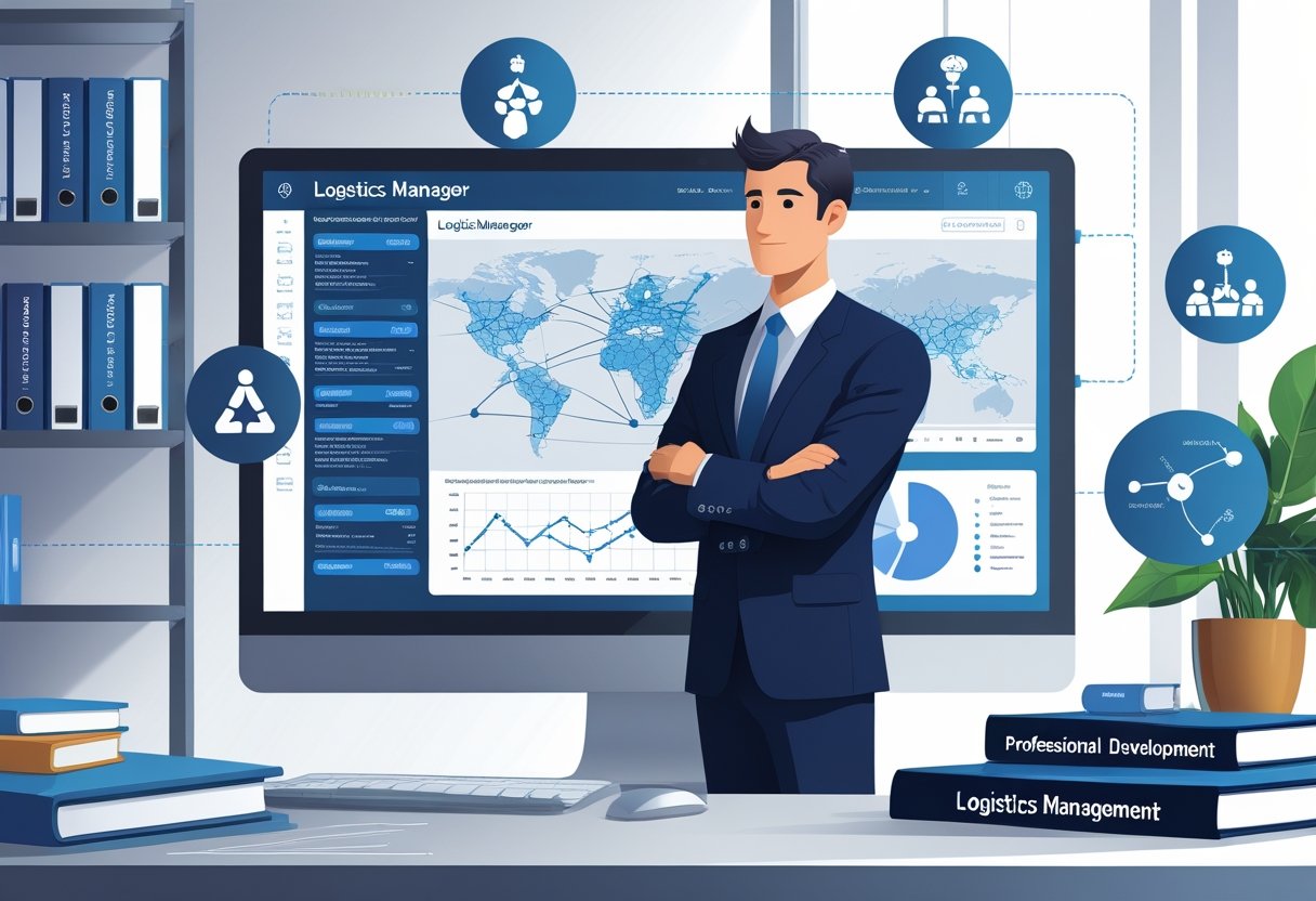 A logistic manager in business attire stands in an office, reviewing digital charts and maps related to logistics, surrounded by icons symbolizing skills and professional growth.
