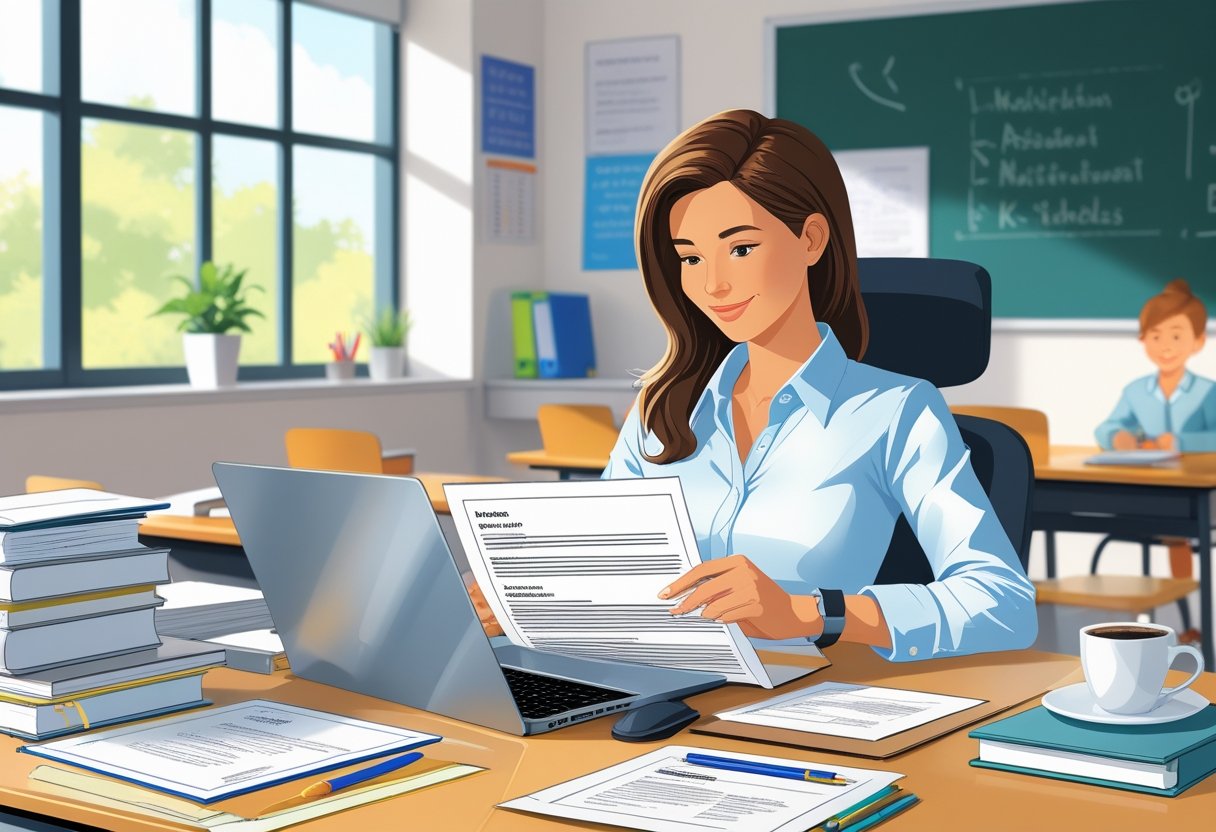 A teacher working at a desk with a laptop and documents in a bright classroom setting.