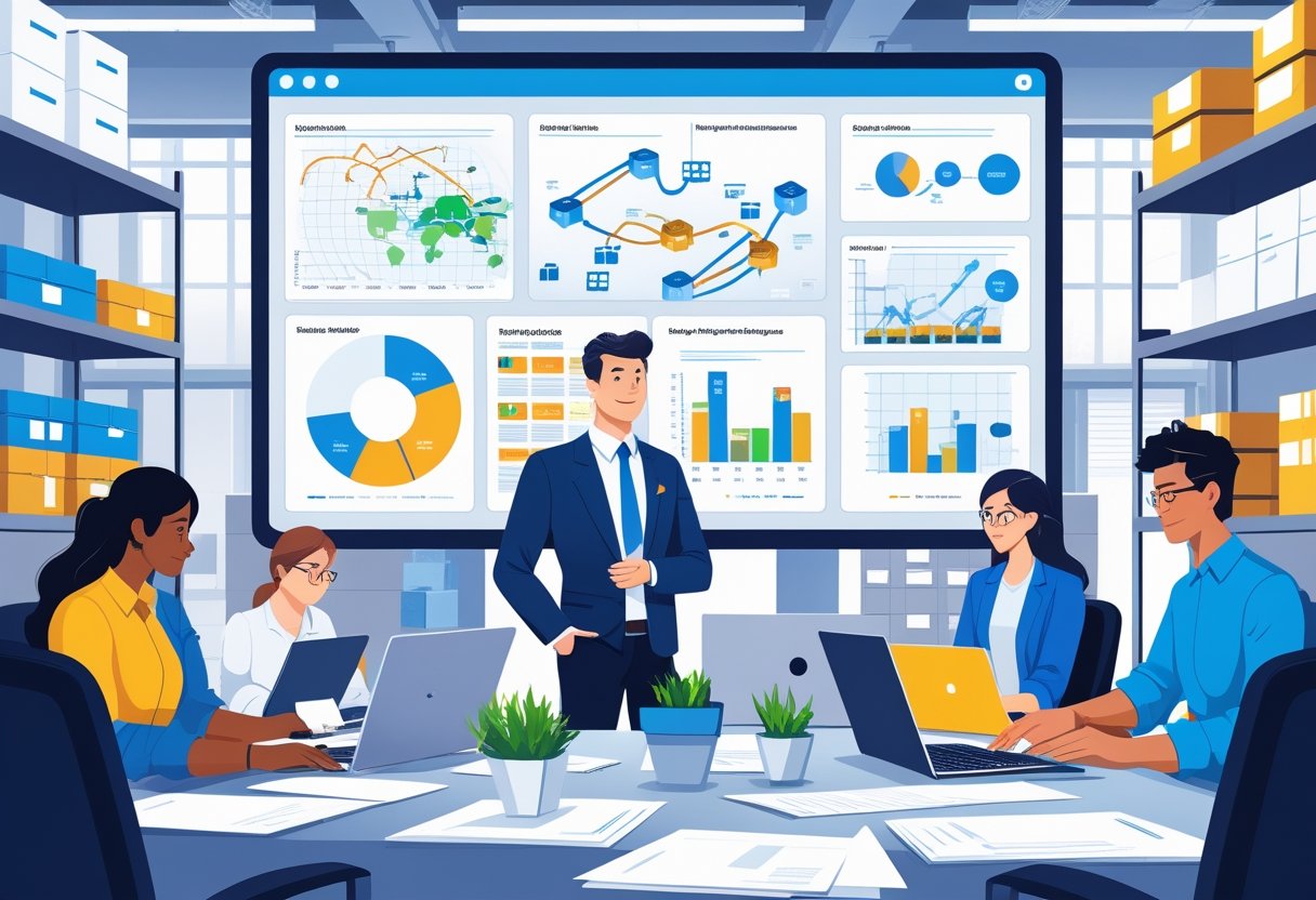 A logistics manager and team working together in an office with digital supply chain charts and packages in the background.