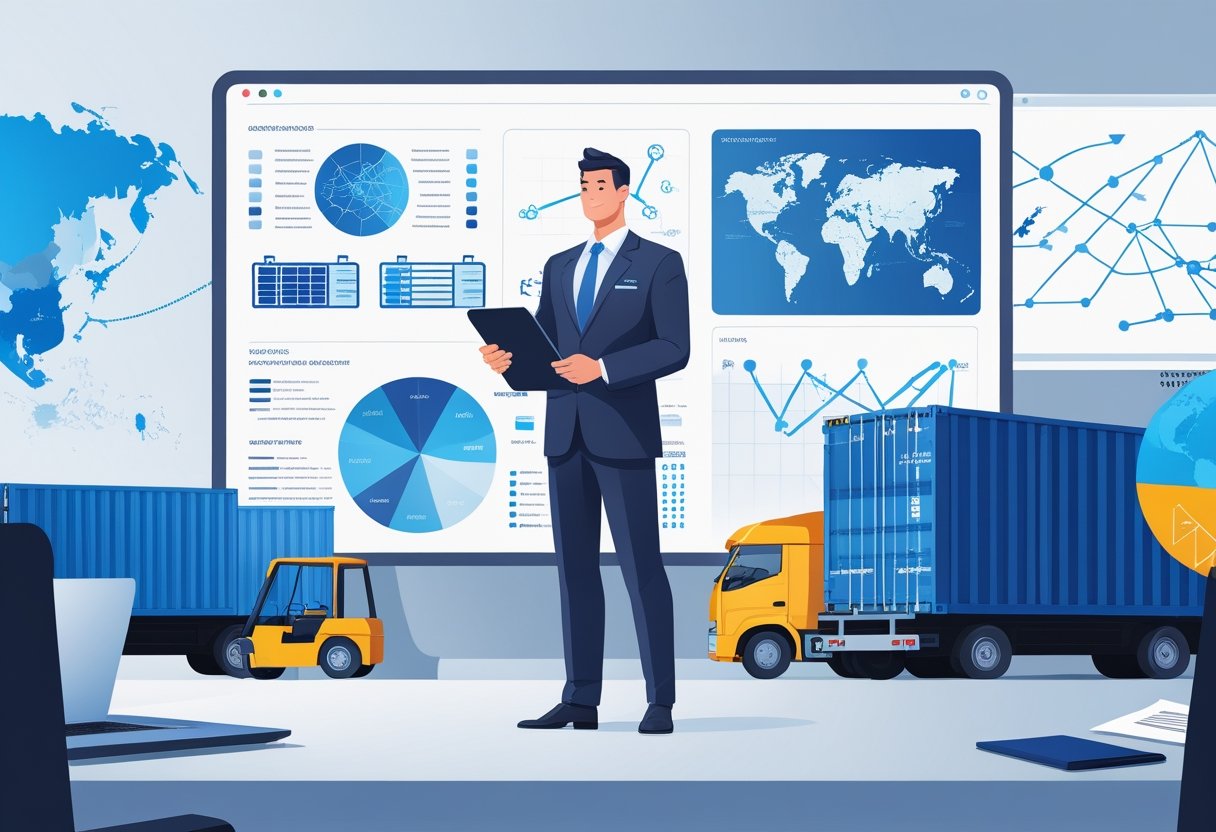 A logistic manager in business attire analyzes logistics data on a digital screen surrounded by delivery trucks, shipping containers, and a world map with connected routes in a modern office.