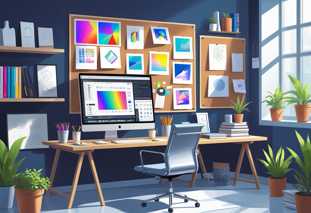 10 Art Director Resume Examples - May 2025: Modern Templates and Expert Tips 1 A modern workspace with a computer, art supplies, mood boards, and shelves filled with books and plants.