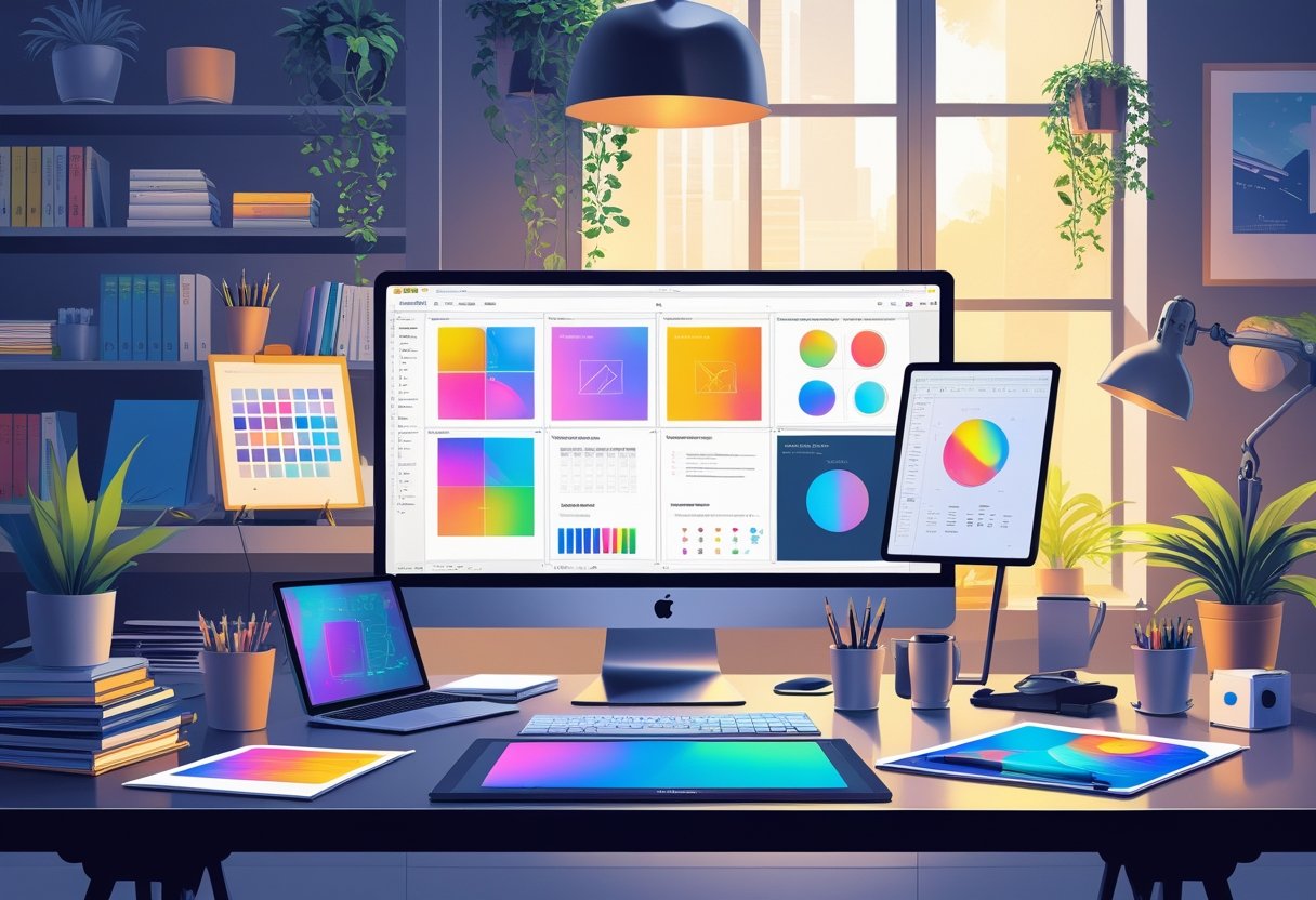 A modern creative workspace with a desk, digital devices showing design layouts, art supplies, and a stylish office background.