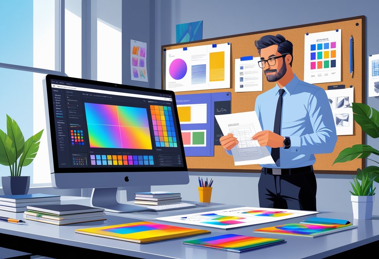 An art director reviewing a portfolio at a desk surrounded by creative tools and inspirational design boards in a bright office.