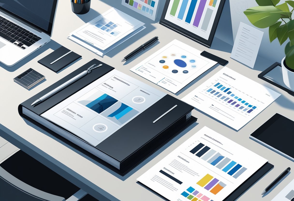 A tidy desk displaying an open portfolio, a cover letter, and various creative resources arranged neatly in a modern office setting.