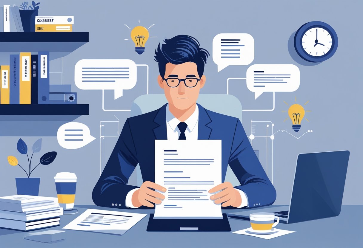 Should You Use First Person In a Resume A Quick Guide to Best Practices 1 A person sitting at a desk reviewing a resume with a laptop and papers in a modern office environment.