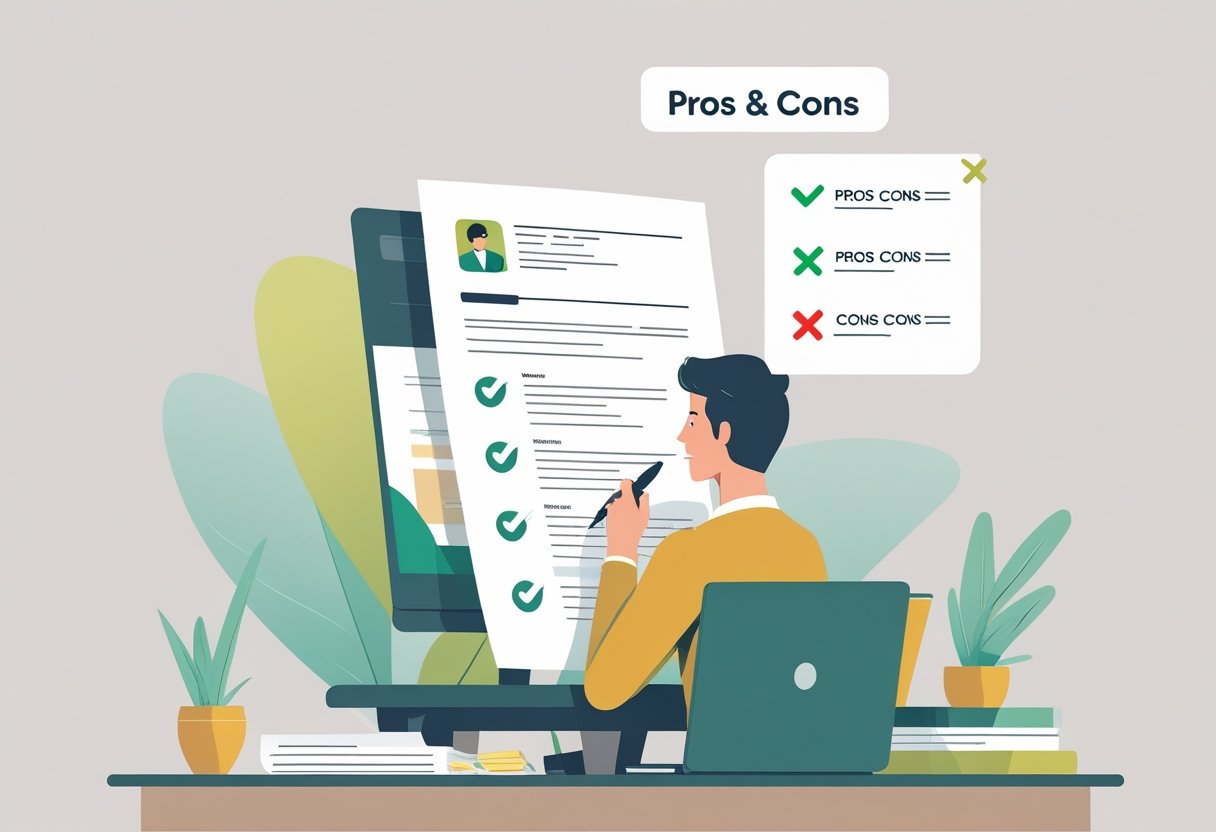 A person sitting at a desk reviewing a resume with icons representing pros and cons floating nearby in an office setting.