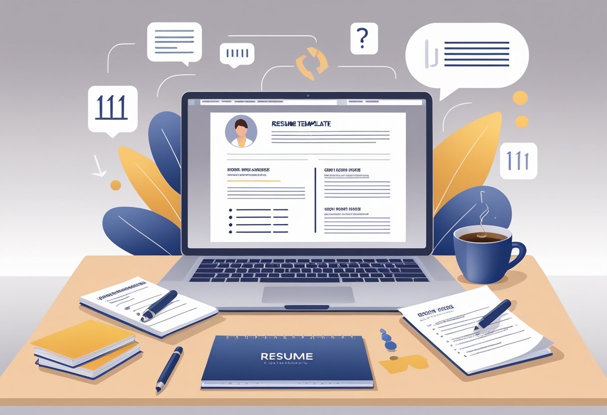 A workspace with a laptop, notepad, and coffee cup, surrounded by icons representing resume language and formatting concepts.