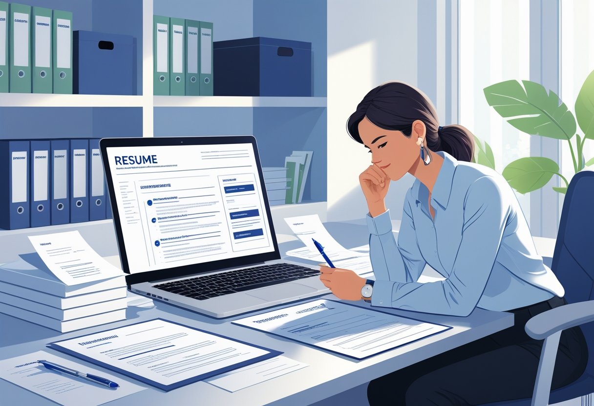 A person reviewing documents at a desk with a laptop and organized career materials in a well-lit office workspace.
