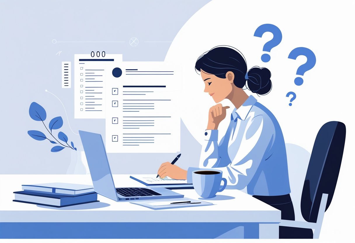 A person sitting at a desk, writing or reviewing a resume with a laptop and coffee cup nearby, surrounded by question mark icons.