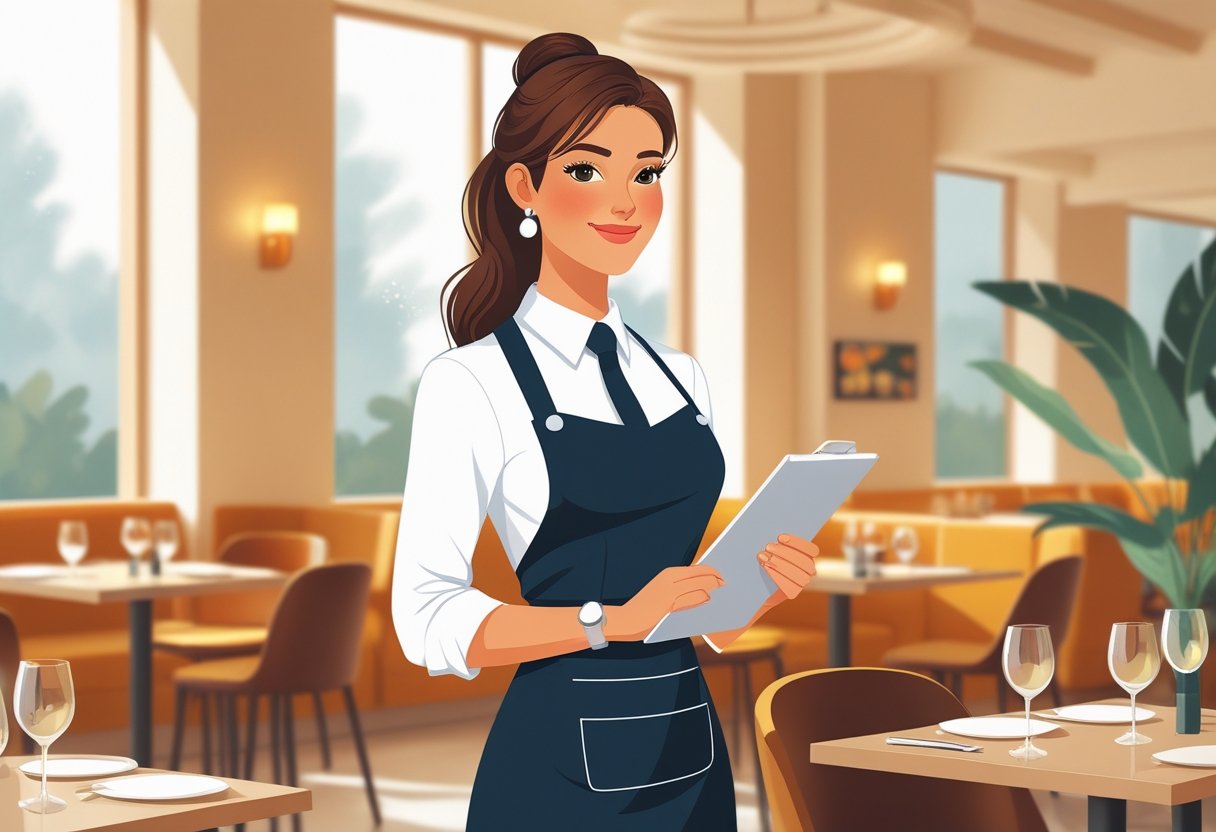 10 Waitress Resume Examples & Guide for 2025: Expert Tips for Standout Applications 1 A confident waitress holding a notepad and pen in a modern restaurant dining area.