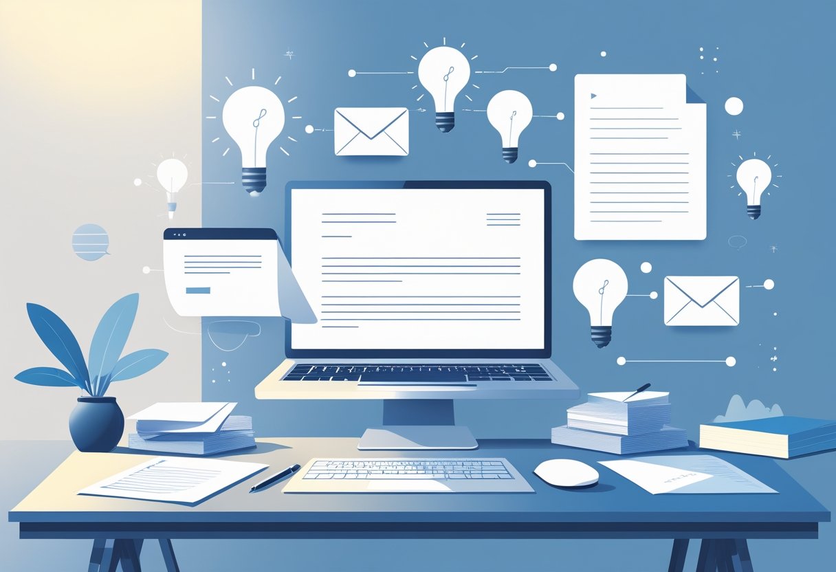 A tidy desk with an open notebook, a pen, and a laptop, surrounded by icons representing questions and ideas, illustrating the process of writing a letter of interest.