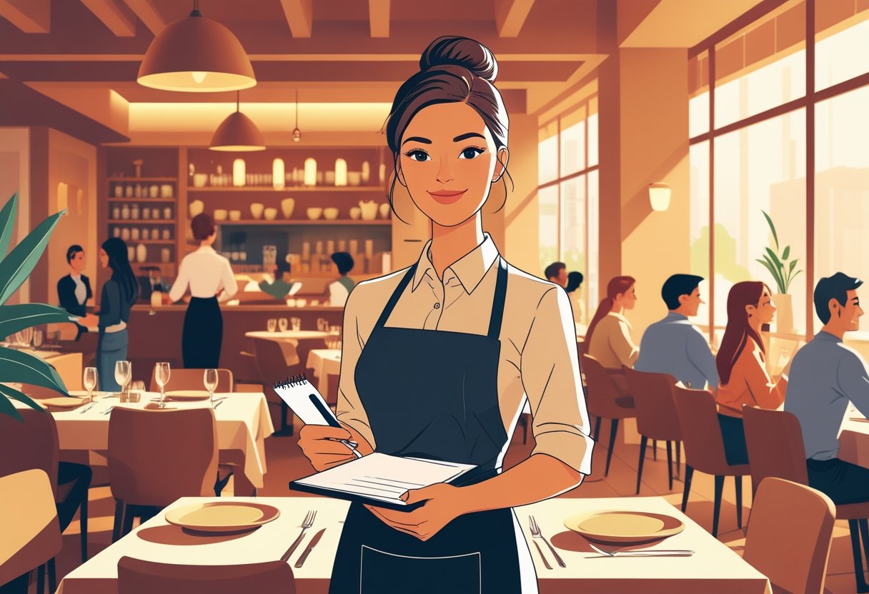 A waitress holding a notepad in a busy restaurant with tables and customers in the background.