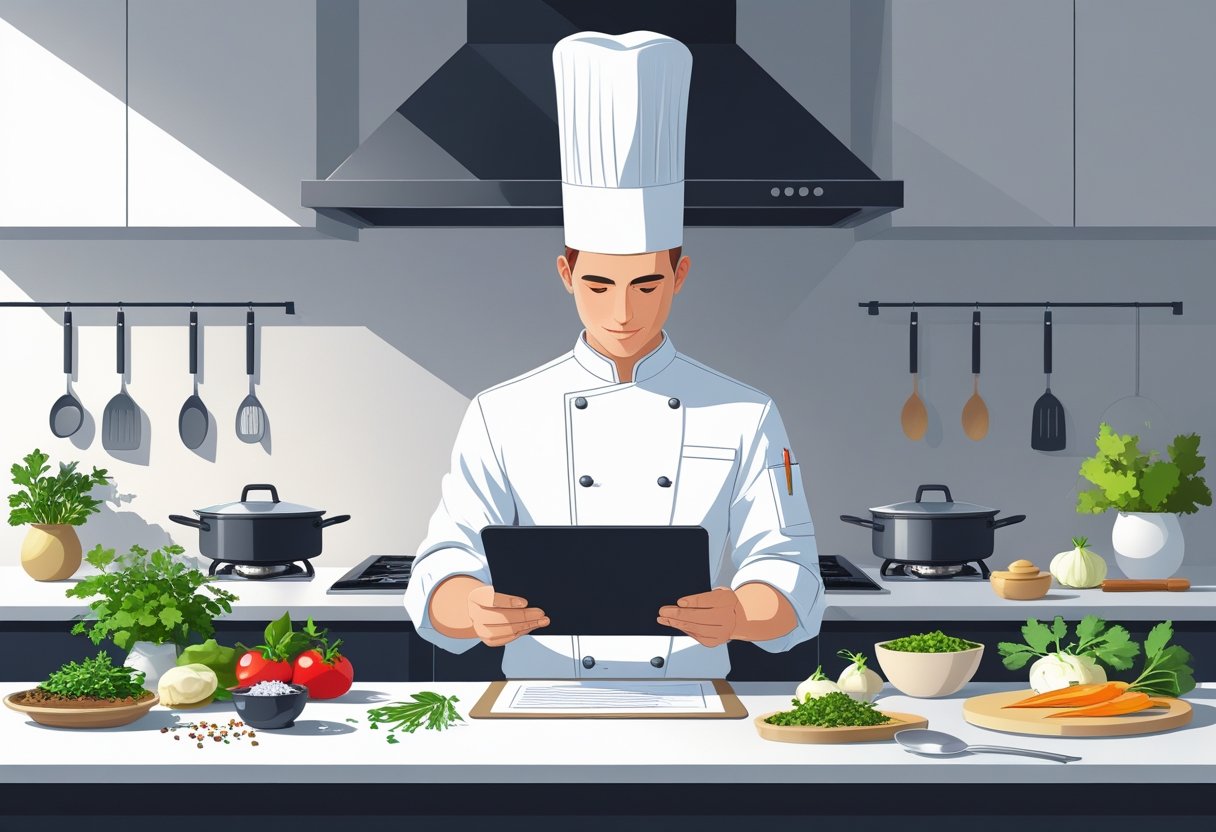 24 Chef Resume Examples & Guide for 2025: Templates, Expert Tips, and Writing Strategies 1 A chef in a white jacket and hat reviewing a tablet in a clean kitchen surrounded by cooking ingredients and utensils.