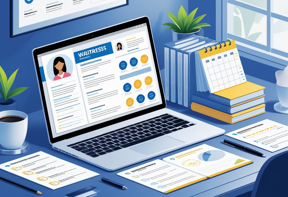 A tidy workspace with a laptop showing a resume layout, certification badges, training books, and a planner, representing education and professional development for waitresses.