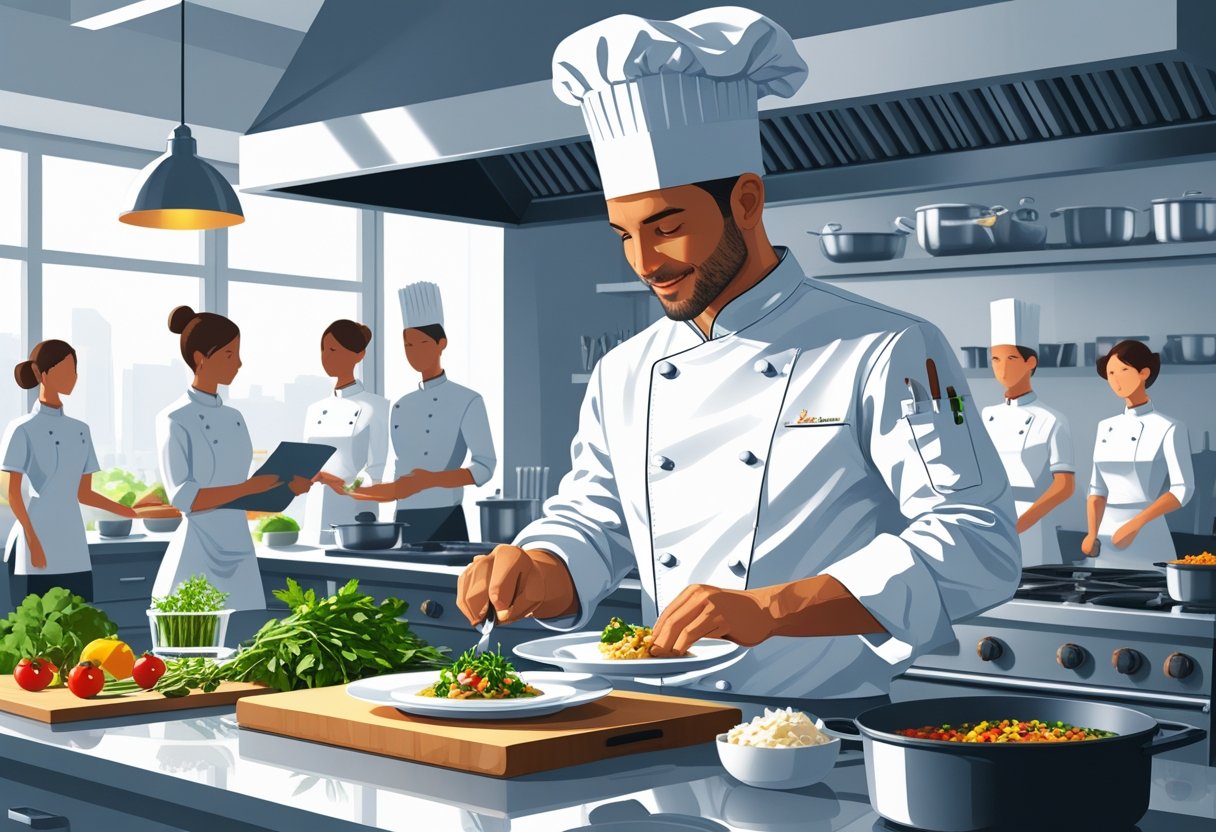 A chef in a commercial kitchen carefully plating food, surrounded by cooking tools, ingredients, and kitchen staff working together.