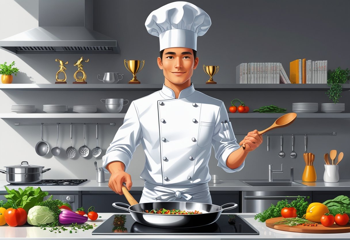 A chef standing in a modern kitchen holding a pan and wooden spoon, surrounded by fresh ingredients and kitchen tools.