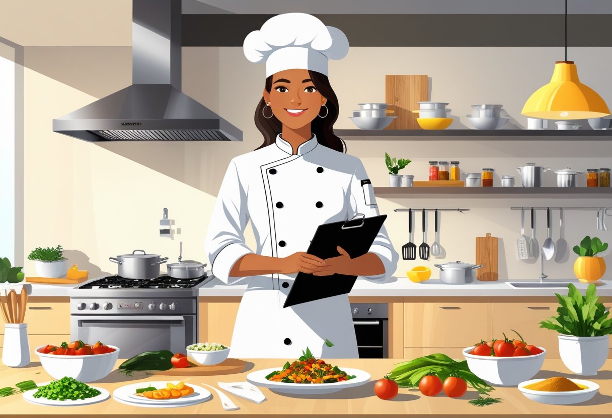 A chef standing in a modern kitchen holding a clipboard, surrounded by cooking tools and fresh ingredients.