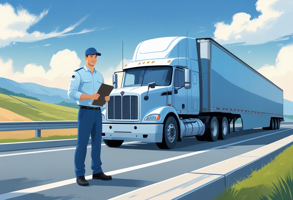 A truck driver standing next to a semi-truck at a highway rest stop with a clipboard, laptop, and resume nearby.