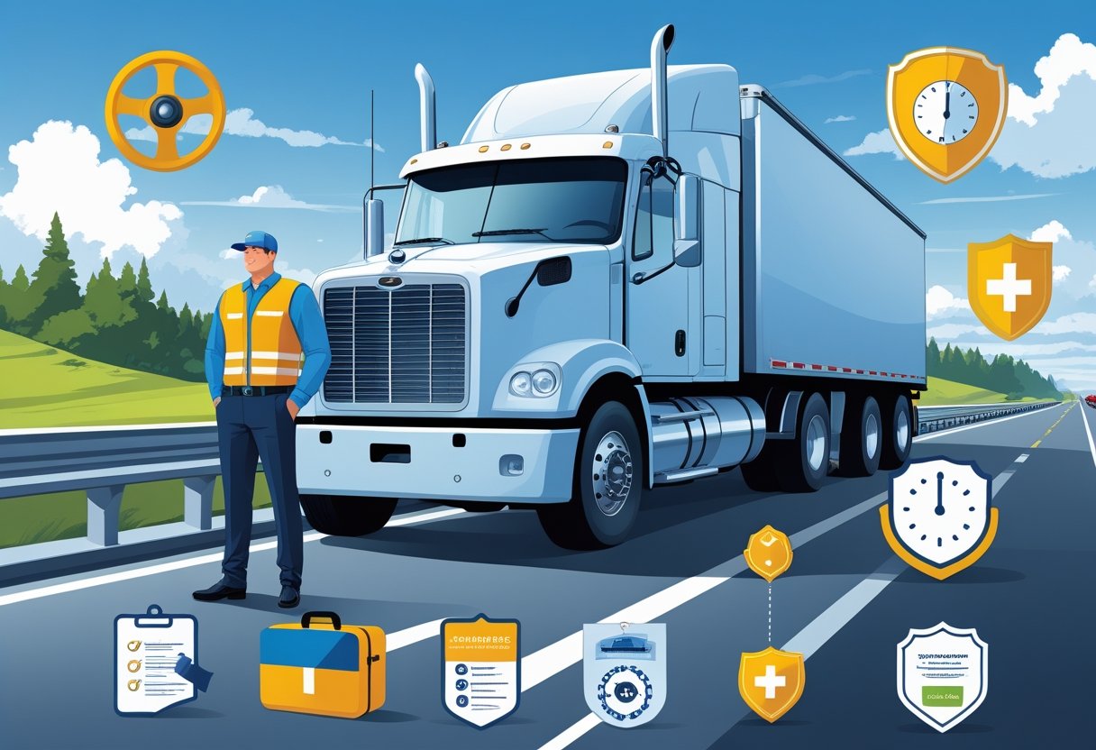 A truck driver stands next to a large semi-truck at a highway rest stop, surrounded by icons representing driving skills and certifications.