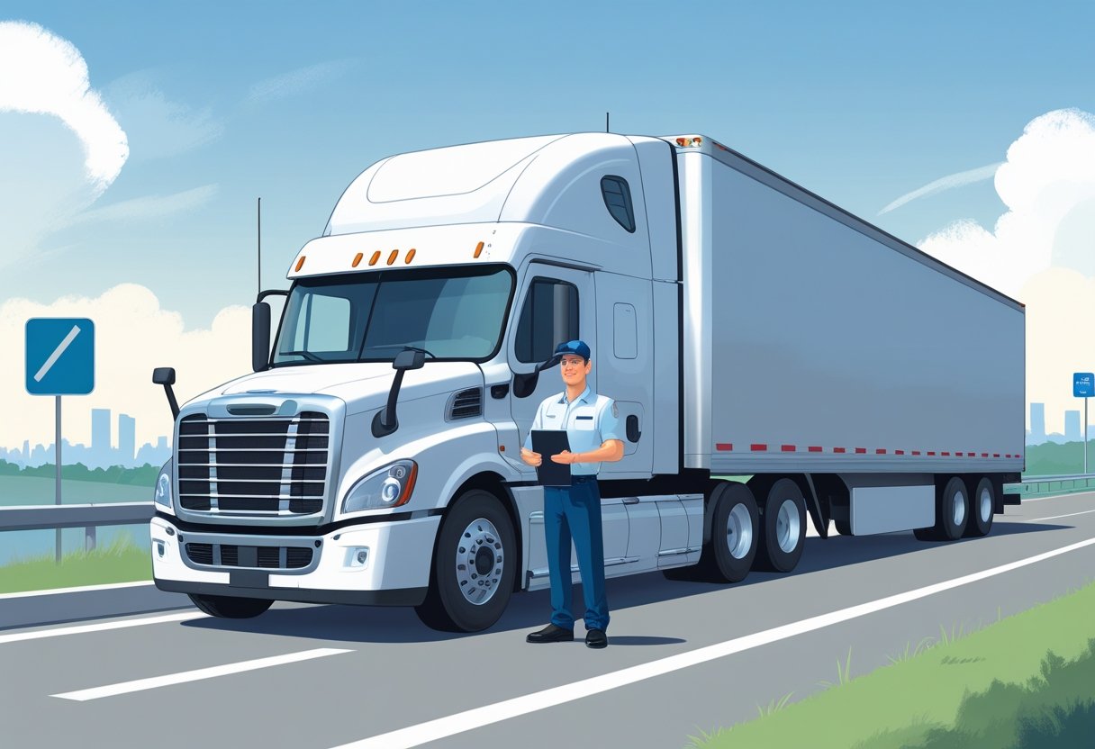 A truck driver standing next to a large semi-truck on a highway rest area, holding a clipboard.