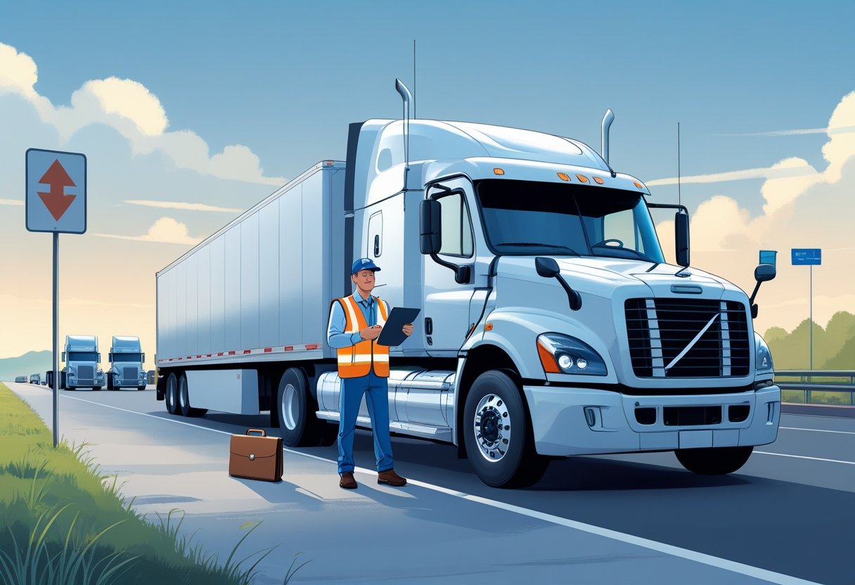 A truck driver standing by a large semi-truck at a highway rest stop, holding a clipboard and smartphone, with trucks and a signpost in the background.
