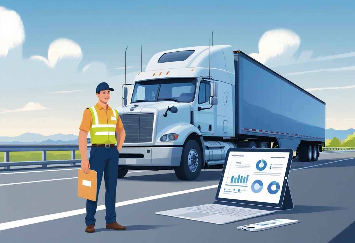 A truck driver standing next to a semi-truck at a rest stop, holding a clipboard with papers, with a tablet and laptop on a nearby table and mountains in the background.