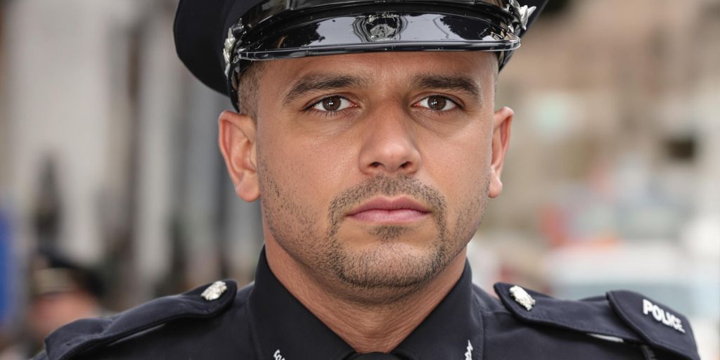 Officer in uniform, calm, looking ahead