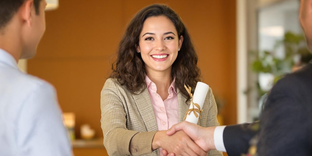 Person smiling, holding diploma, firm handshake
