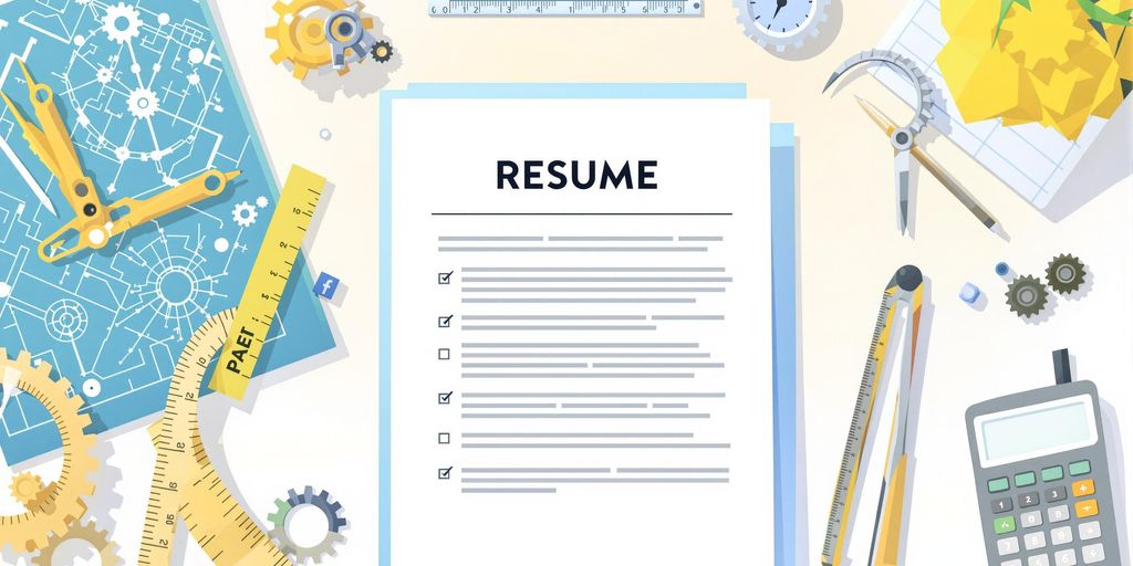 Mechanical engineer resume, gears, blueprint, ruler, compass, calculator.