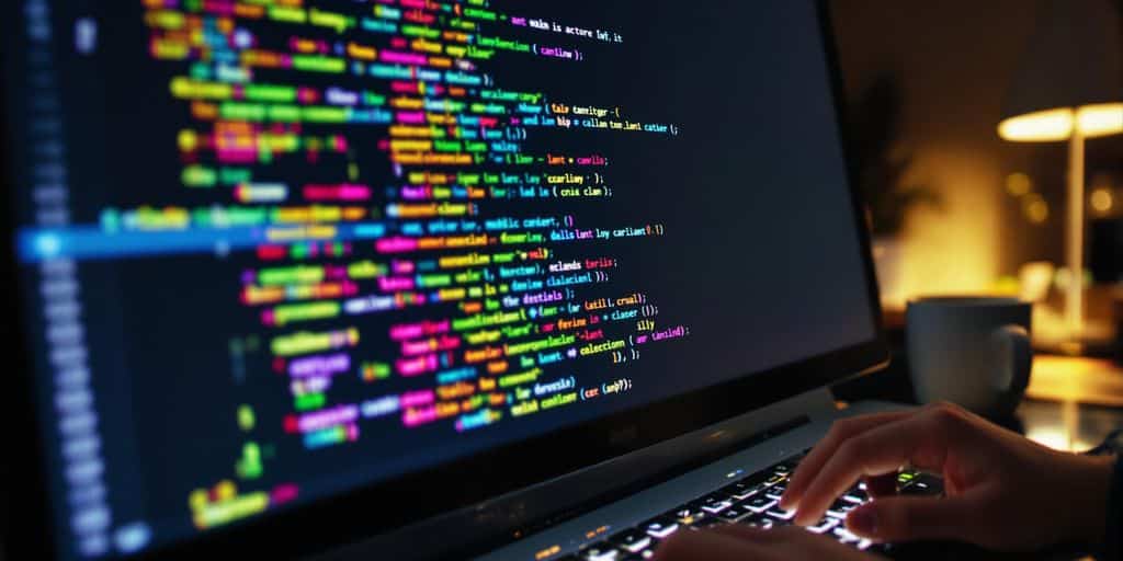 PHP developer coding at desk.