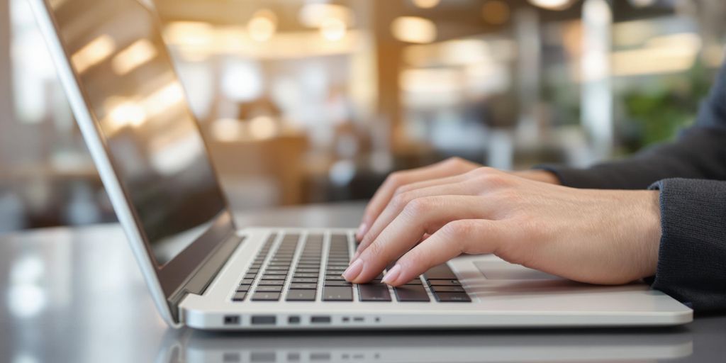 Professional assistant typing on laptop, office setting.