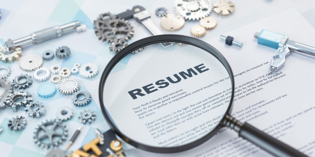 Magnifying glass over resume, gears, and quality control tools.
