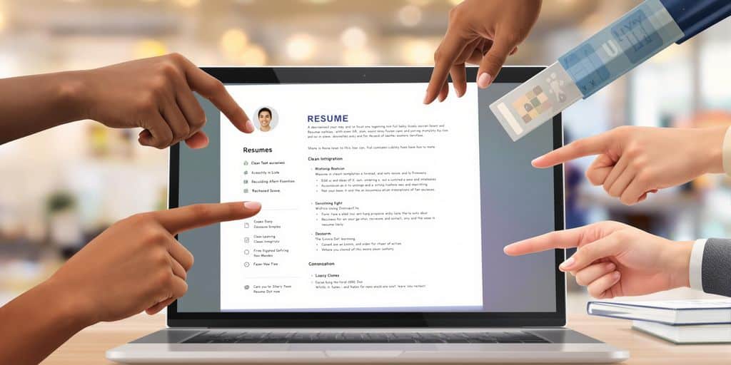 Laptop displaying resume, diverse hands pointing, bright colors.