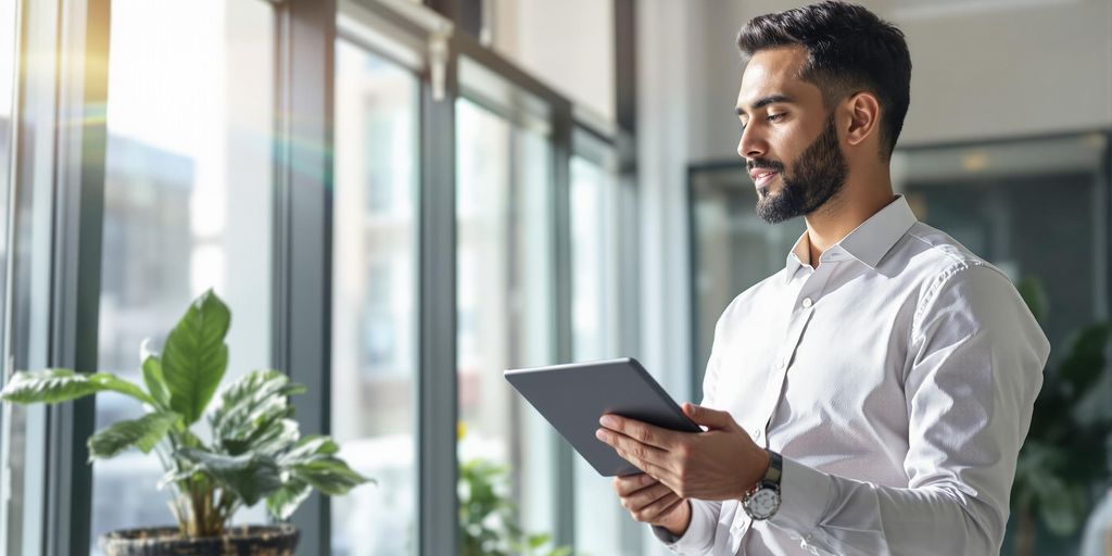 Professional credit analyst reviewing financial data on tablet.