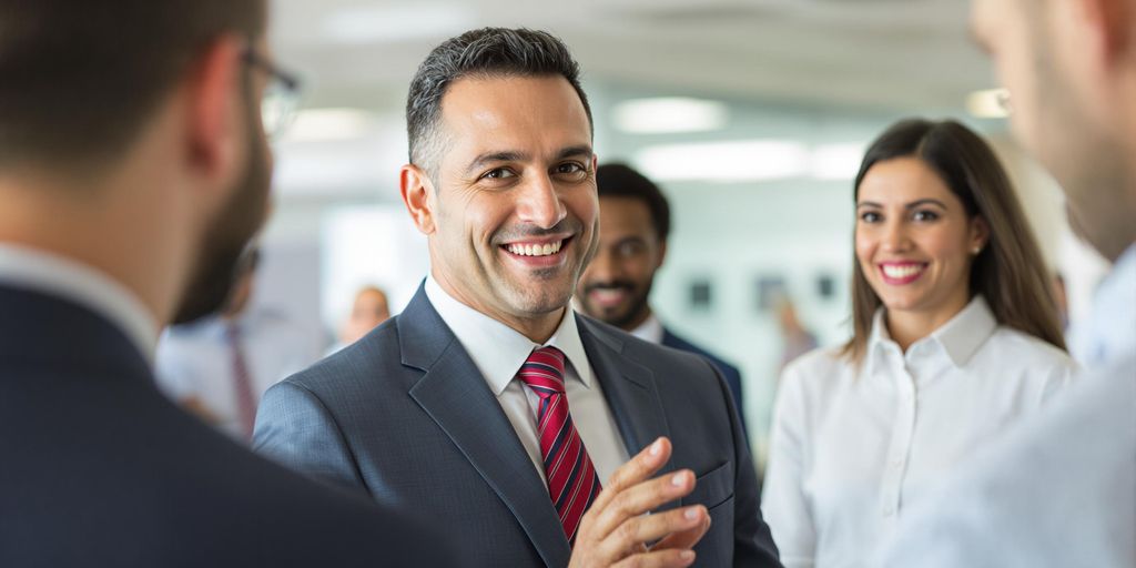 Professional manager discusses leadership with diverse team members.