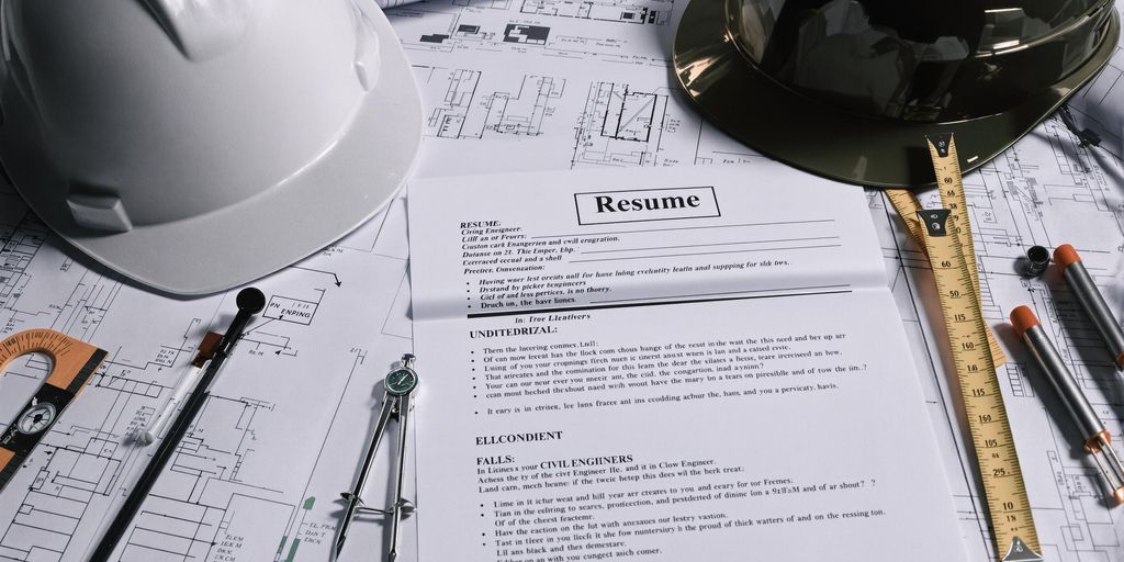 Civil engineer resume example beside blueprints and hard hat.