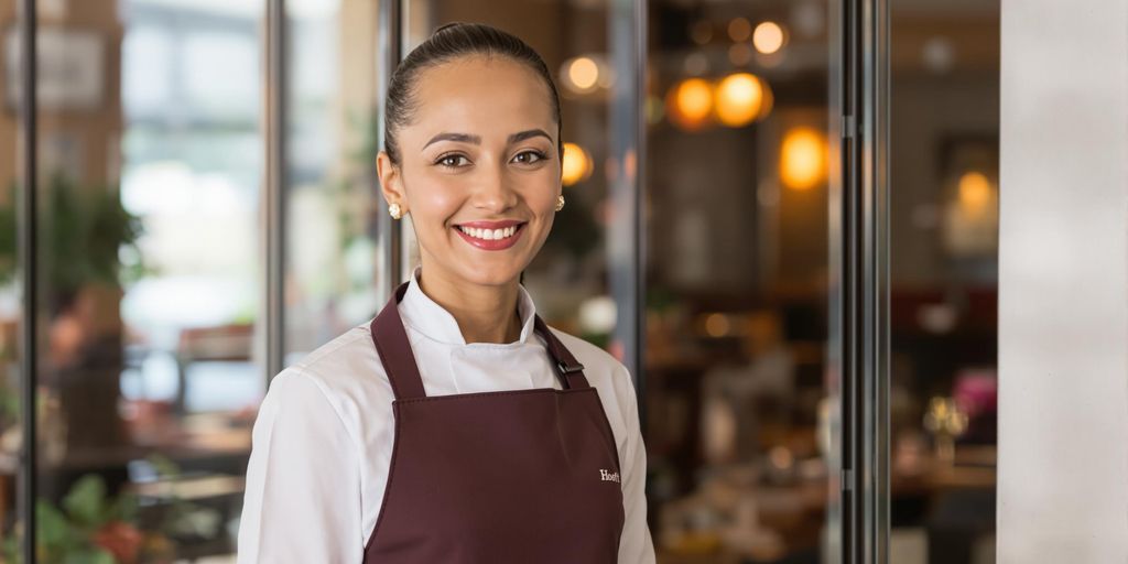 Smiling host greeting guests at restaurant entrance.