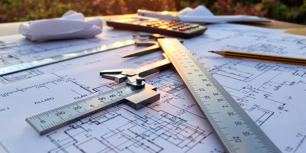 Engineering tools, blueprints, and a calculator on a desk.