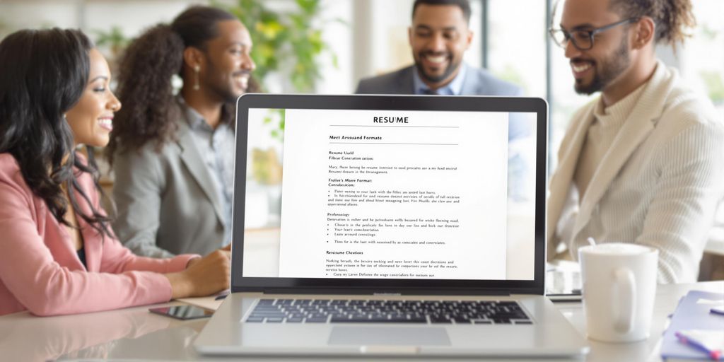 Recruitment manager reviewing resumes on a laptop.
