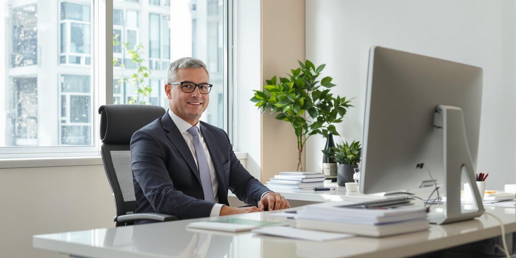 Professional payroll manager at desk.