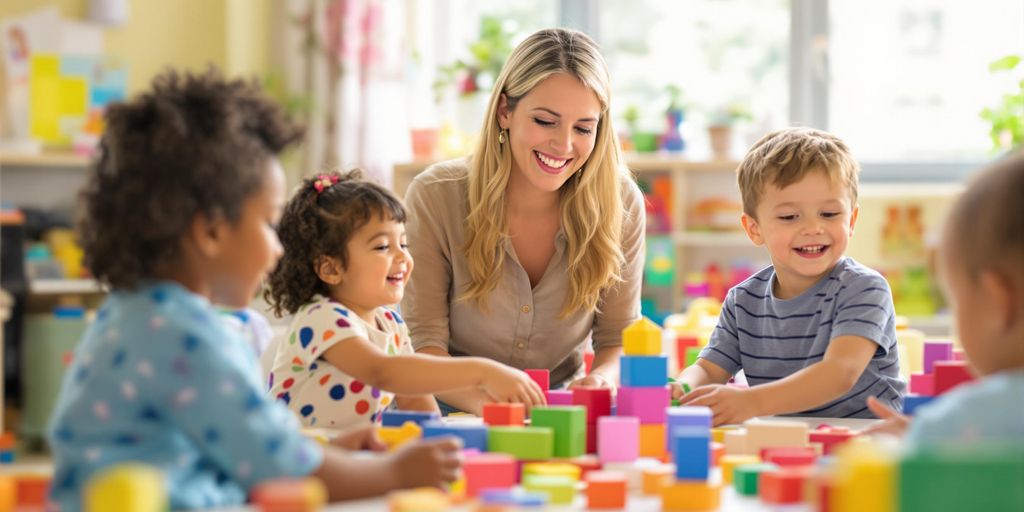 Teacher with children, bright, illustrative