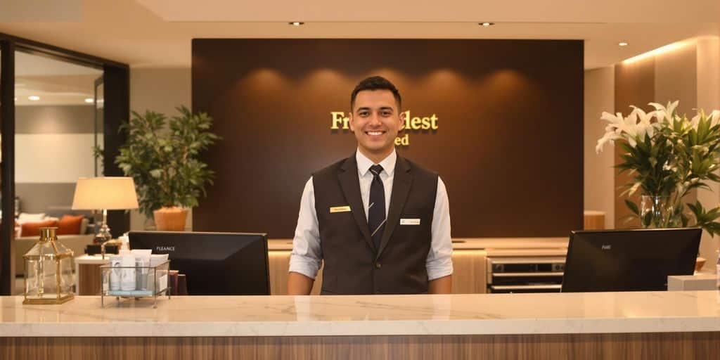 Professional front desk agent smiling at a hotel lobby.