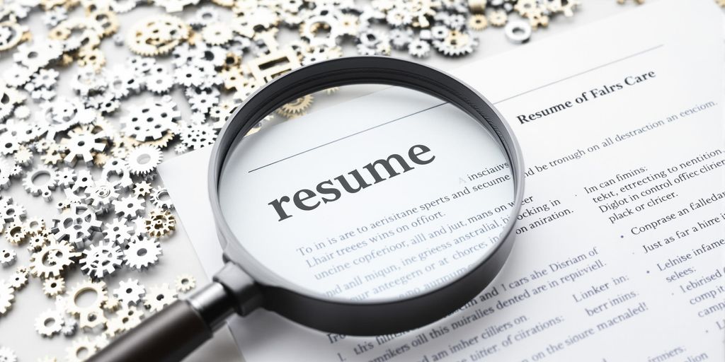 Magnifying glass over resume with gears.