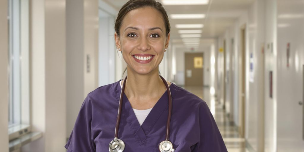 Nurse smiling, holding stethoscope.