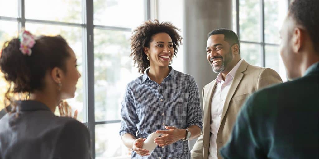 Professional smiling, interacting positively at office.