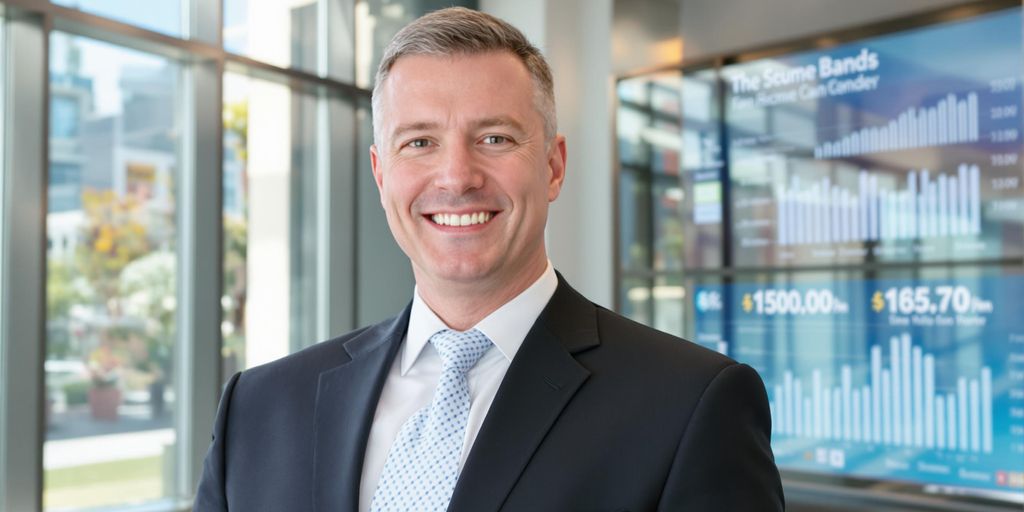 Professional manager smiling in a modern bank.