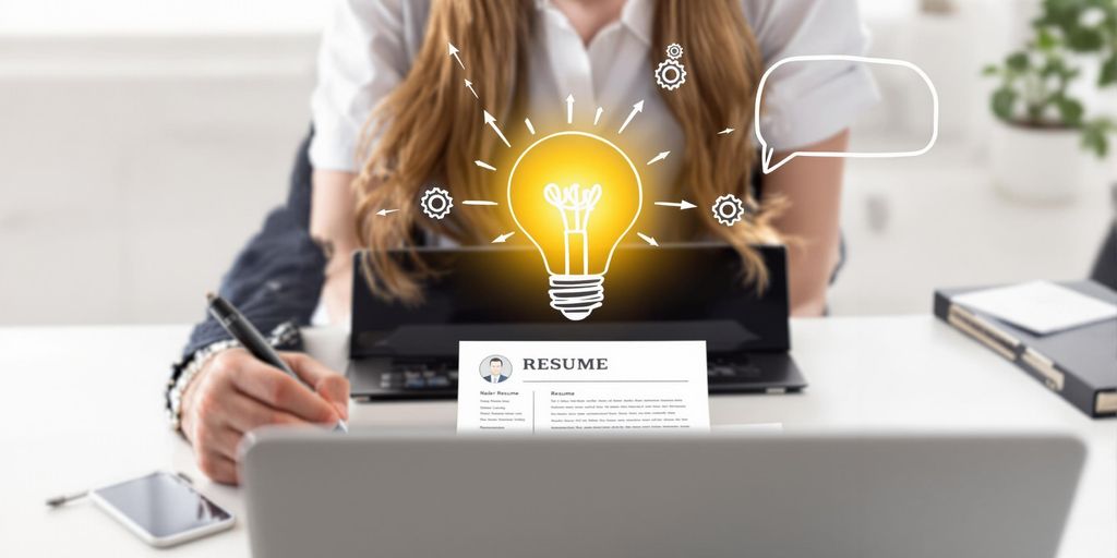 Person, resume, speech bubble, lightbulb, gears, desk.