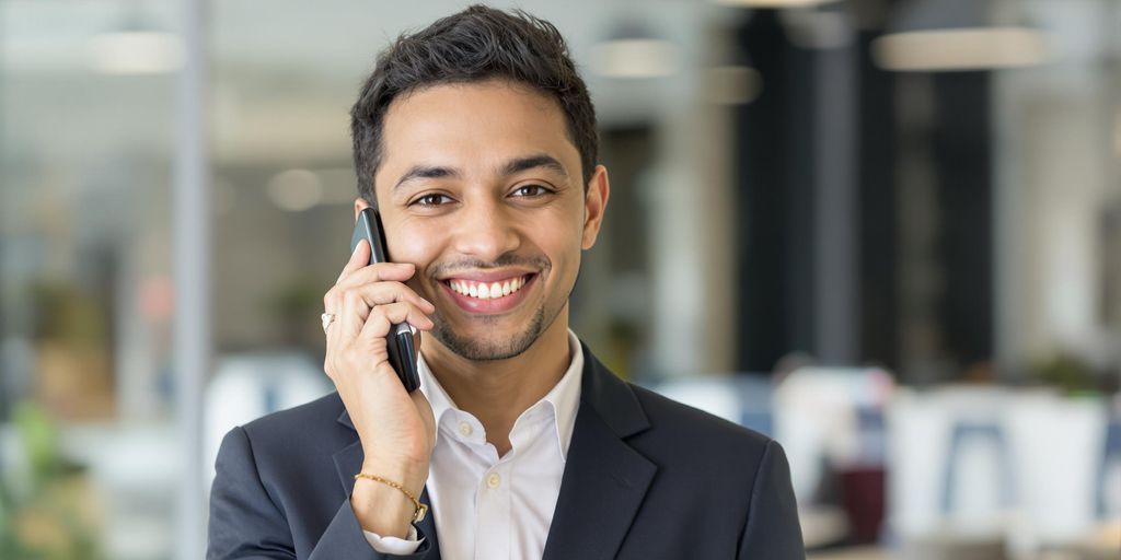 Person negotiates salary on phone, confident, professional setting.