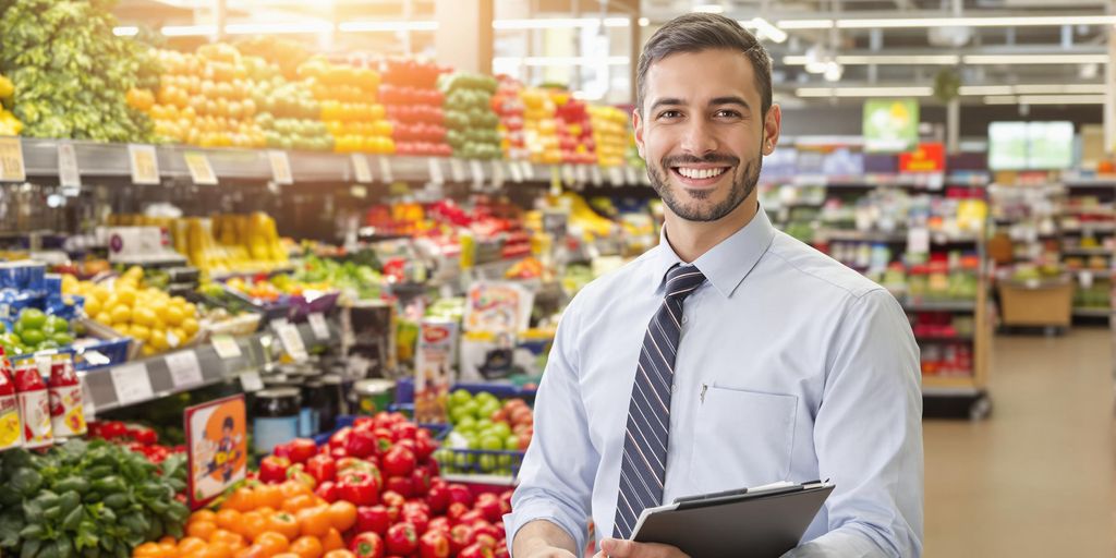 Manager in grocery store, helping customers, stocking shelves.